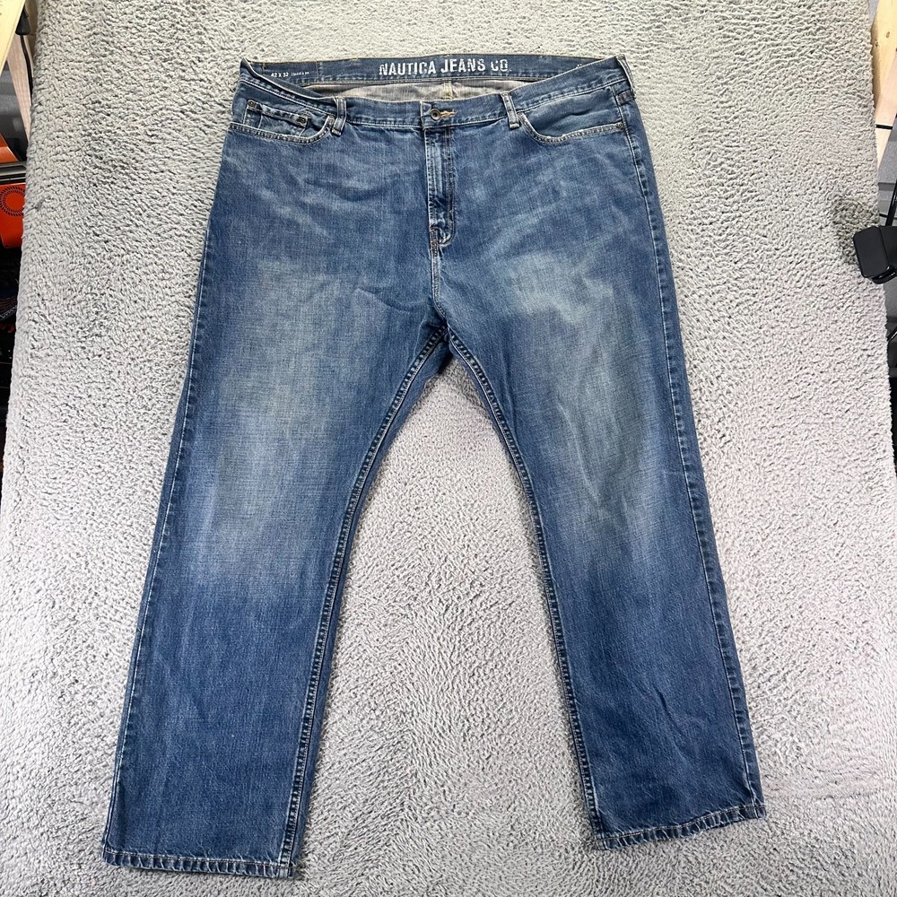 Nautica Jeans Mens 44x32 Blue Cotton Denim Straight Relaxed Fit Faded Workwear